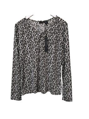 Tahari Leopard Print Top Medium Black Gray Slinky Stretch Jersey Blouse NWT